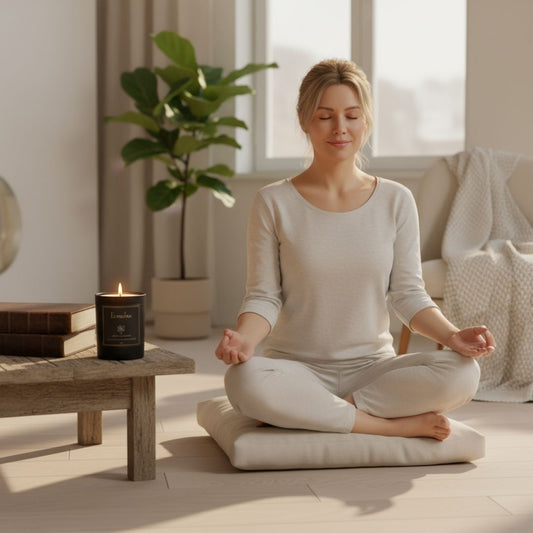 Frau meditiert in hellem Wohnzimmer auf dem Bodensitzend mit Spring Awakening Duftkerze von Elvelora – Selfcare-Ritual für Leichtigkeit und neue Energie.