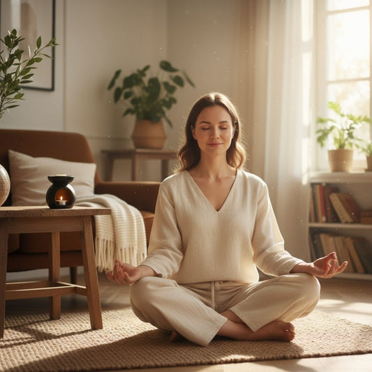 Frau meditiert im Wohnzimmer mit Morning Light Duftwachs von Elvelora – Selfcare-Ritual für Leichtigkeit und Klarheit.