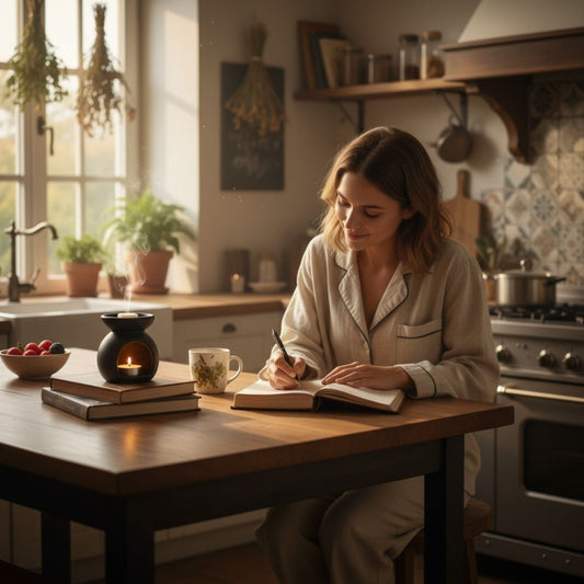 Frau schreibt Tagebuch in der Küche mit Spring Awakening Duftwachs von Elvelora – Selfcare-Ritual für Leichtigkeit und neue Energie.