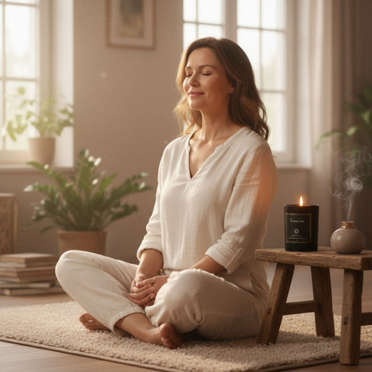 Frau meditiert am Boden sitzend mit Morning Light Duftkerze von Elvelora – Selfcare-Ritual für Leichtigkeit und Klarheit.