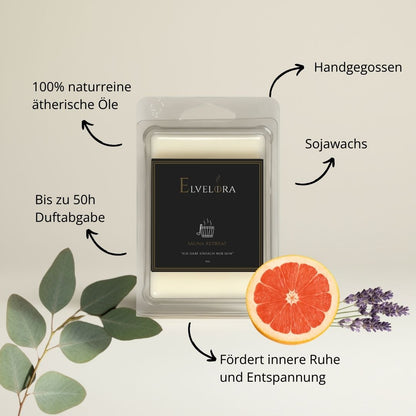 Sauna Retreat Duftwachs von Elvelora mit natürlichen Zutaten: Sojawachs, Lavendel, Minze, Anis, Orange, etc. – fördert Ruhe und Entspannung.