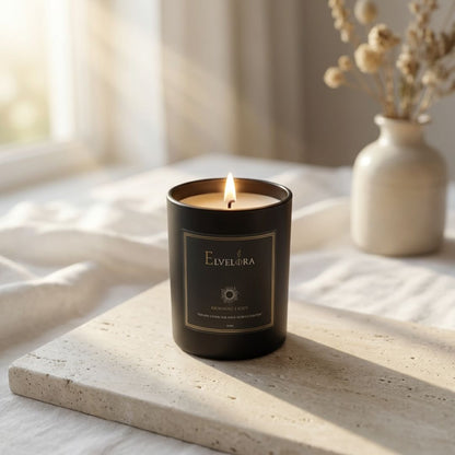 Morning Light Duftkerze in hellem, lichtdurchfluteten Raum vor einem Fenster. 