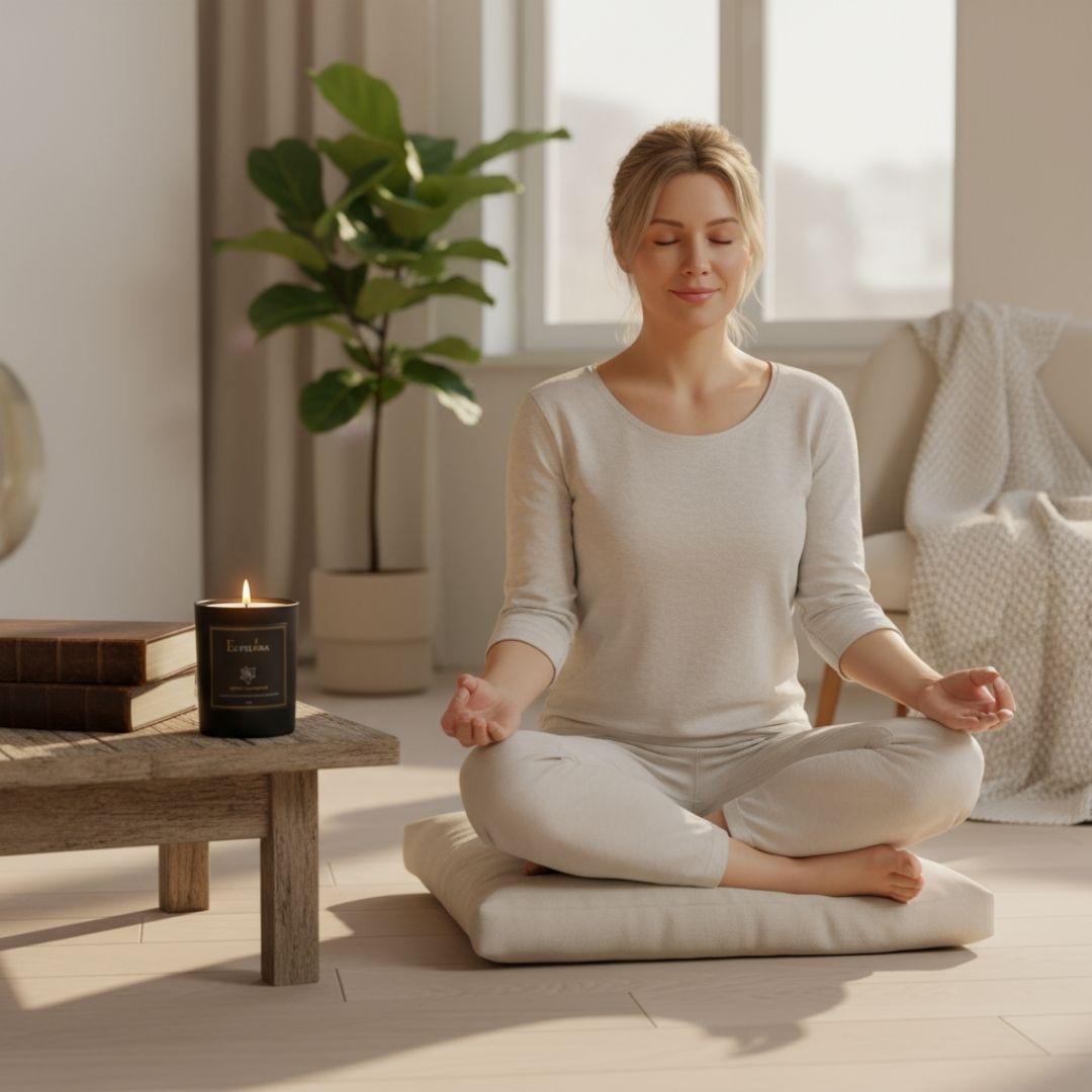 Frau meditiert in hellem Wohnzimmer auf dem Bodensitzend mit Spring Awakening Duftkerze von Elvelora – Selfcare-Ritual für Leichtigkeit und neue Energie.