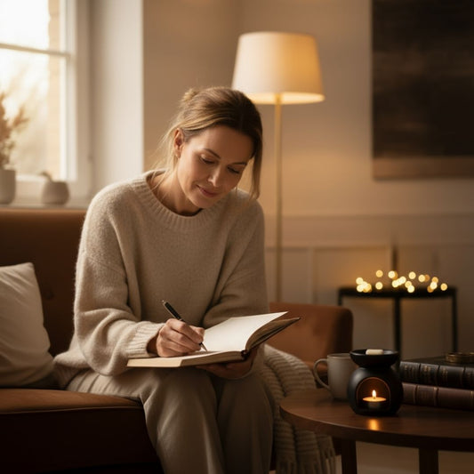 Frau schreibt Tagebuch auf der Couch mit Sunset Glow Duftwachs von Elvelora – Selfcare-Ritual für Geborgenheit und Ausgeglichenheit.