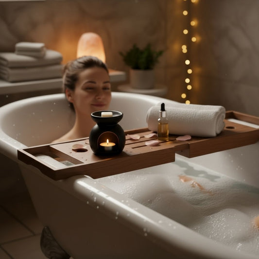Frau entspannt in der Badewanne mit Sauna Retreat Duftwachs von Elvelora – Selfcare-Ritual für Ruhe und Entspannung.