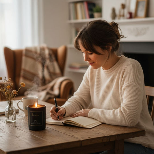 Frau schreibt Tagebuch am Tisch mit Sunset Glow Duftkerze von Elvelora – Selfcare-Ritual für Geborgenheit und Ausgeglichenheit.