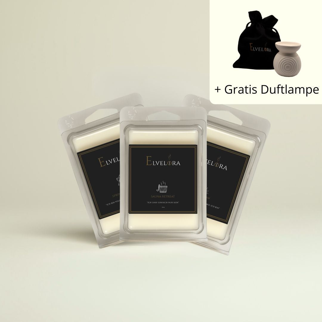 Duftwachs Set von Elvelora – 3x handgegossenes, natürliches Duftwachs mit ätherischen Ölen inkl. gratis Duftlampe