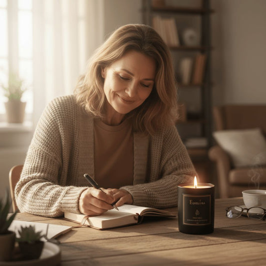 Frau schriebt in ihr Journal am Tisch sitzend mit Forest Walk Duftkerze von Elvelora – Selfcare-Ritual für Ruh & klare Gedanken.