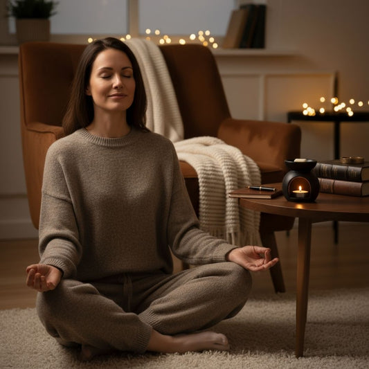 Frau meditiert in Wohnzimmer mit Forest Walk Duftwachs von Elvelora – Selfcare-Ritual für Ruh & klare Gedanken.