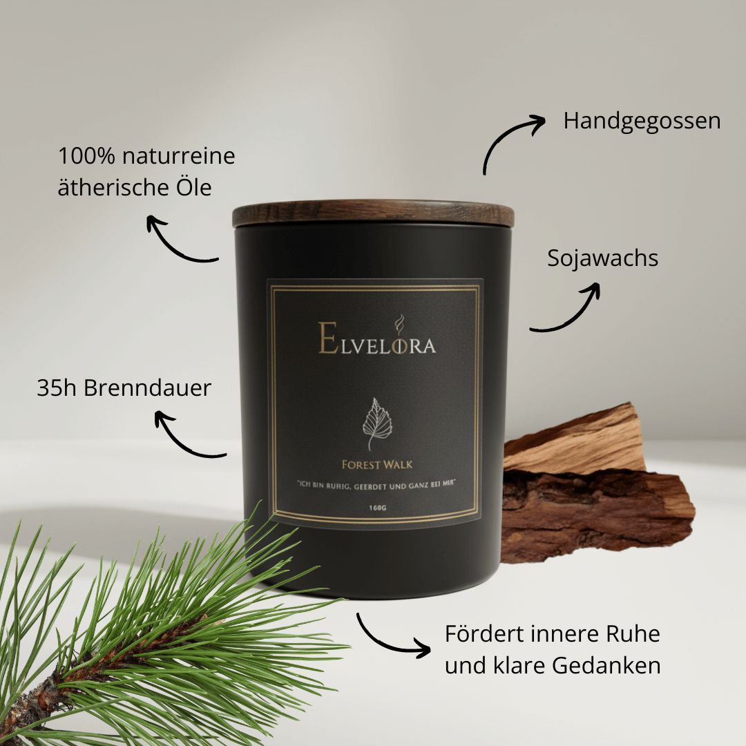 Forest Walk Duftkerze von Elvelora mit natürlichen Zutaten: Sojawachs, Zeder,  Zypresse, Patchouli, etc. – fördert Ruhe und klare Gedanken.