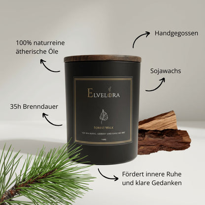Forest Walk Duftkerze von Elvelora mit natürlichen Zutaten: Sojawachs, Zeder,  Zypresse, Patchouli, etc. – fördert Ruhe und klare Gedanken.