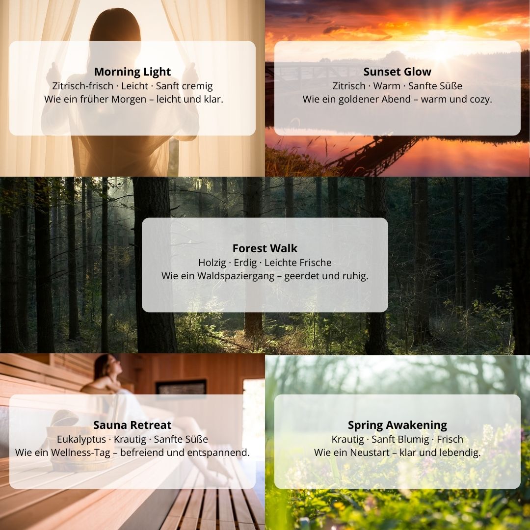 5 Bilder für 5 Elvelora Düfte und Stimmung. Inklusive Duftbeschreibung