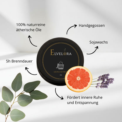 Sauna Retreat Mini-Kerze von Elvelora mit natürlichen Zutaten: Sojawachs, Lavendel, Minze, Anis, Orange, etc. – fördert Ruhe und Entspannung.