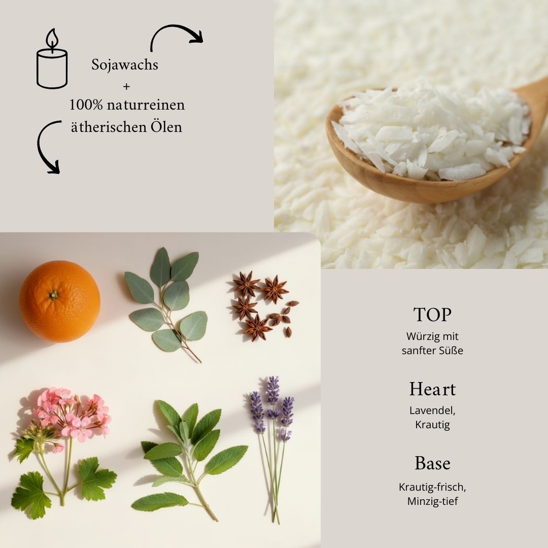 Duftnoten und Inhaltsstoffe von Sauna Retreat Duftwachs und Duftkerze – Sojawachs, 100% naturreine ätherische Öle.
