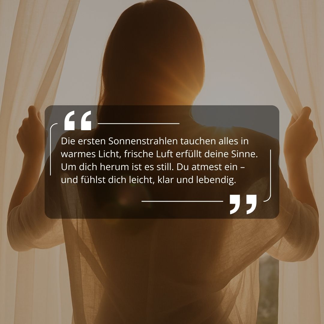 Frau im Sonnenlicht am Fenster, Zitat über den Moment mit Elvelora Morning Light Duft – für einen klaren, leichten Start in den Tag.