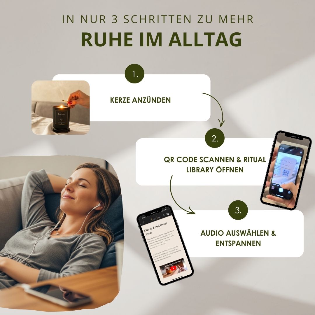 Sauna Retreat Duftkerze – Anleitung in 3 Schritten zu mehr Ruhe im Alltag: Duftkerze anzünden , QR-Code scannen, Audio-Meditation genießen.