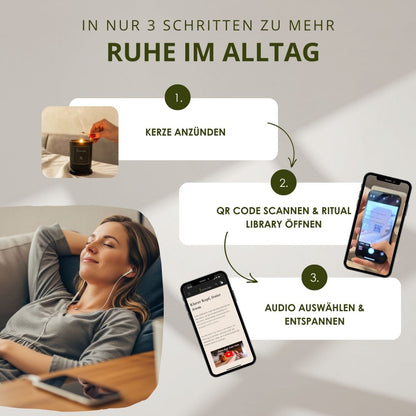 Sauna Retreat Duftkerze – Anleitung in 3 Schritten zu mehr Ruhe im Alltag: Duftkerze anzünden , QR-Code scannen, Audio-Meditation genießen.