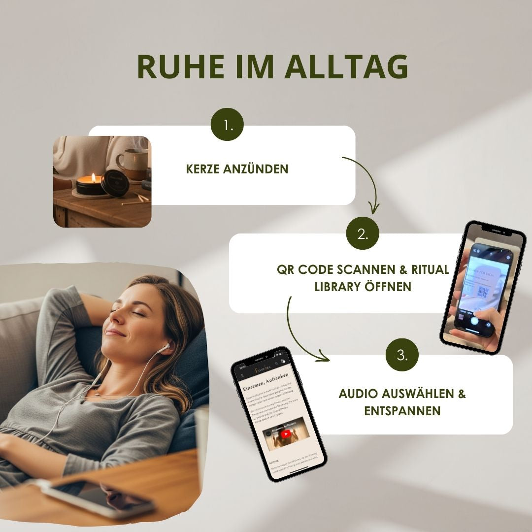 Elvelora Mini-Kerze – Anleitung in 3 Schritten zu mehr Ruhe im Alltag: Duftkerze anzünden, QR-Code scannen, Audio-Meditation genießen.