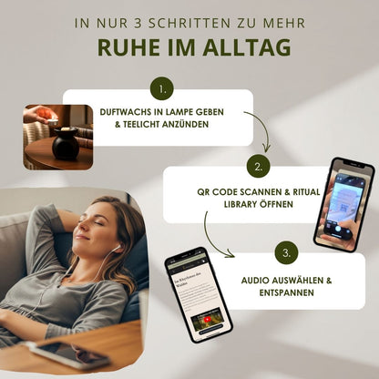 Forest Walk – Anleitung in 3 Schritten zu mehr Ruhe im Alltag: Duftwachs schmelzen, QR-Code scannen, Audio-Meditation genießen.