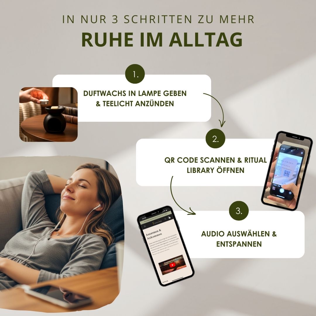 Sunset Glow Duftwachs – Anleitung in 3 Schritten zu mehr Ruhe im Alltag: Duftwachs schmelzen, QR-Code scannen, Audio-Meditation genießen.