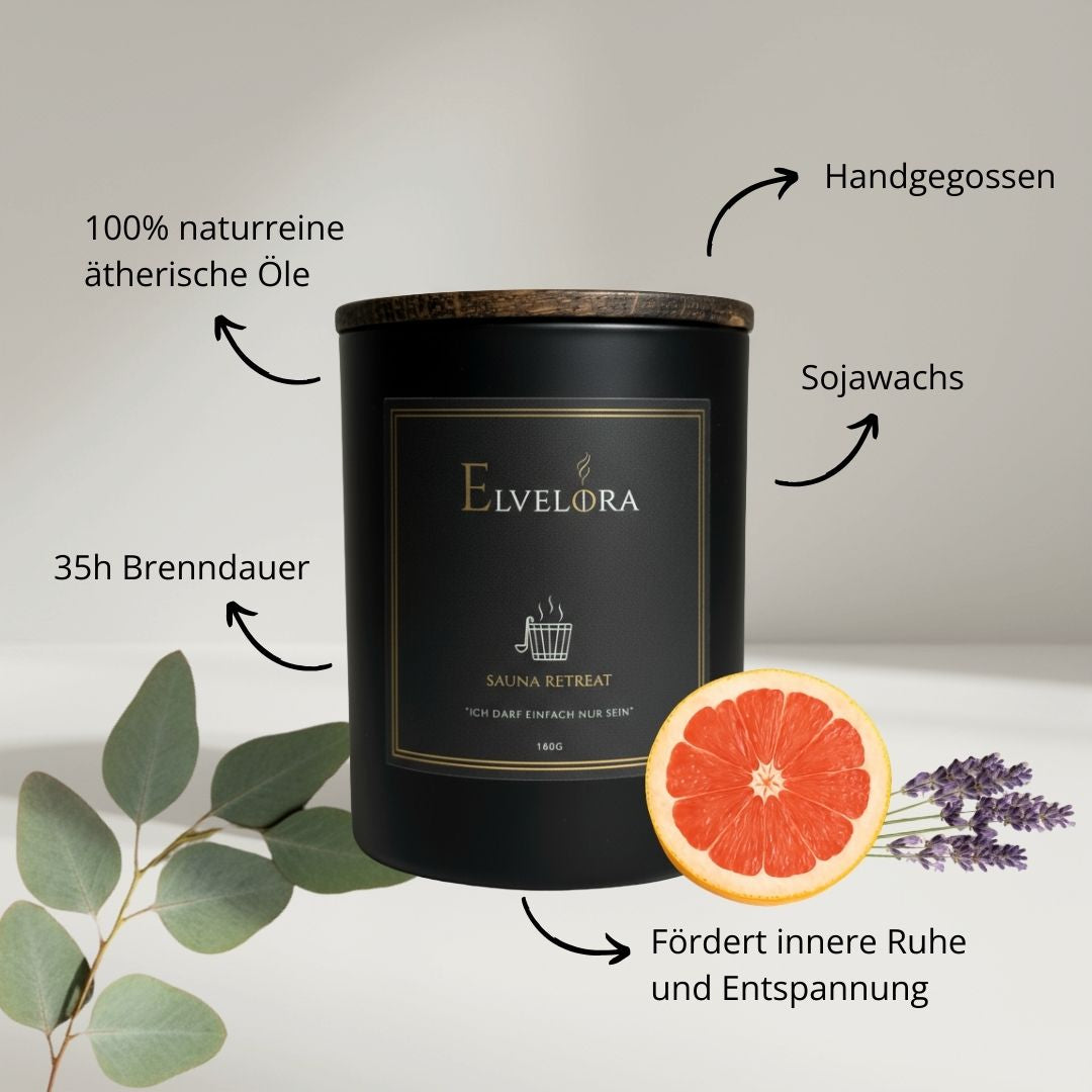 Sauna Retreat Duftkerze von Elvelora mit natürlichen Zutaten: Sojawachs, Lavendel, Minze, Anis, Orange, etc. – fördert Ruhe und Entspannung.