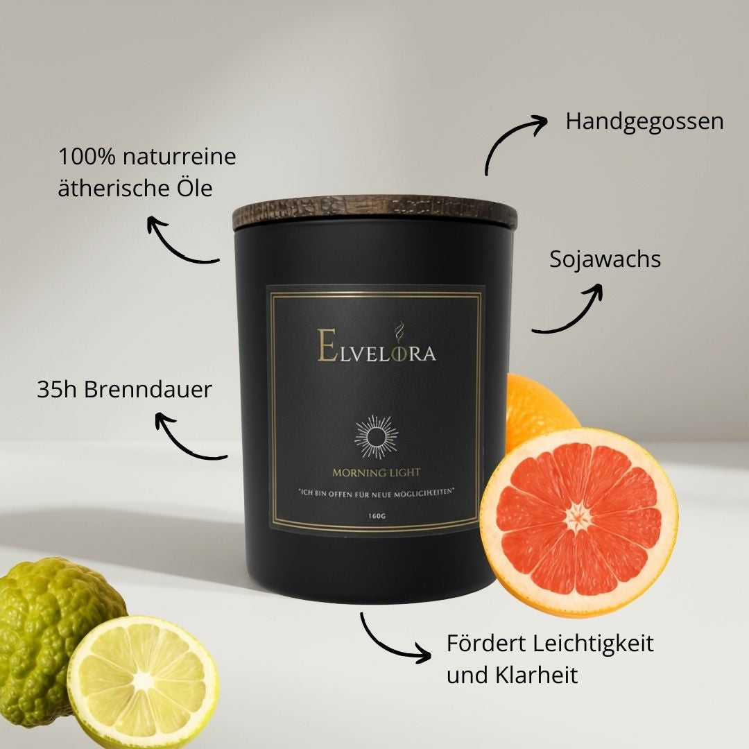 Morning Light Duftkerze von Elvelora mit natürlichen Zutaten: Sojawachs, Bergamotte, Grapefruit– fördert Leichtigkeit und Klarheit.