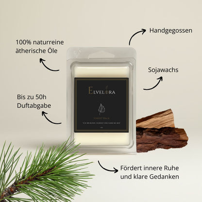 Forest Walk Duftwachs von Elvelora mit natürlichen Zutaten: Sojawachs, Zeder,  Zypresse, Patchouli, etc. – fördert Ruhe und klare Gedanken.