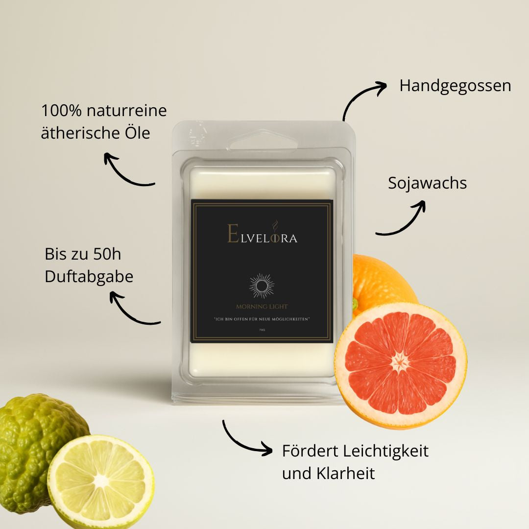 Morning Light Duftwachs von Elvelora mit natürlichen Zutaten: Sojawachs, Bergamotte, Grapefruit– fördert Leichtigkeit und Klarheit.