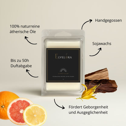 Sunset Glow Duftwachs von Elvelora mit natürlichen Zutaten: Sojawachs, Zeder, Ylang-Ylang, Orange, etc. – fördert Geborgenheit und Ausgeglichenheit.