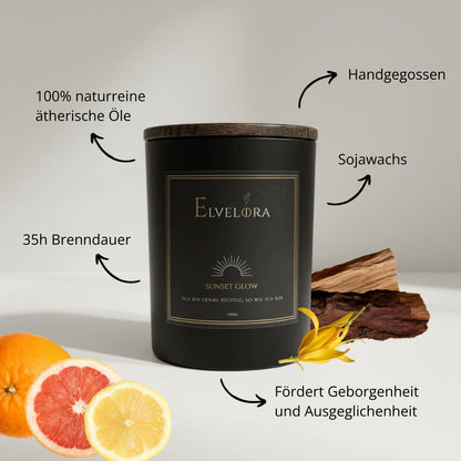 Sunset Glow Duftkerze von Elvelora mit natürlichen Zutaten: Sojawachs, Zeder, Ylang-Ylang, Orange, etc. – fördert Geborgenheit und Ausgeglichenheit.
