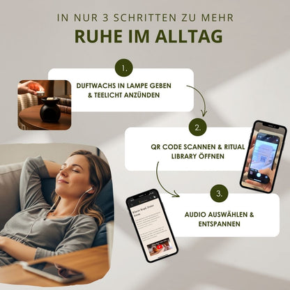 Elvelora Duftwachs – Anleitung in 3 Schritten zu mehr Ruhe im Alltag: Duftwachs schmelzen, QR-Code scannen, Audio-Meditation genießen.