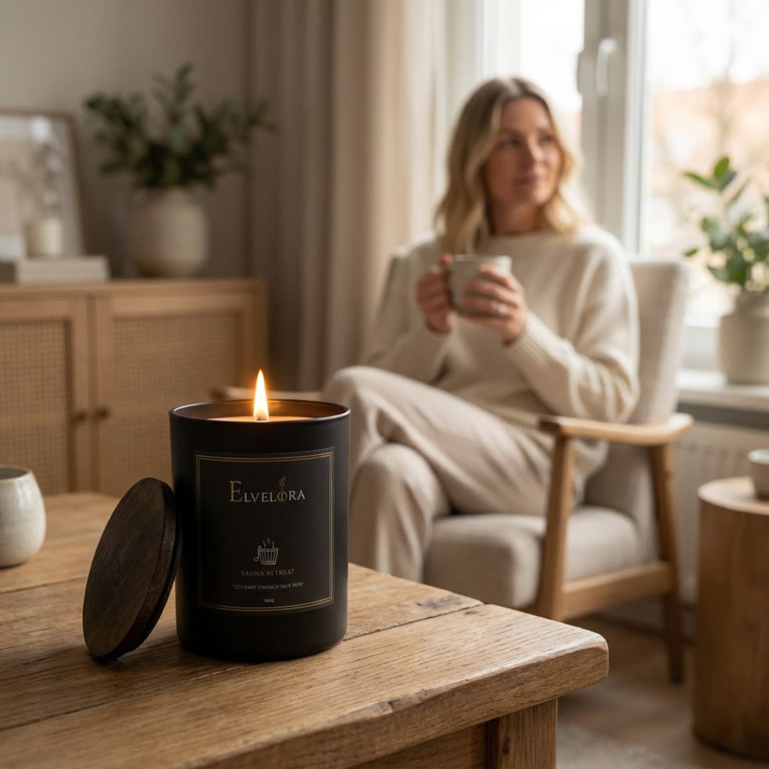 Frau sitzt im Couchsessel und genießt ihren Kaffee mit Sauna Retreat Duftkerze von Elvelora – Selfcare-Ritual für mehr Rhe im Alltag.