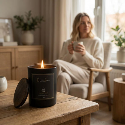 Frau sitzt im Couchsessel und genießt ihren Kaffee mit Sauna Retreat Duftkerze von Elvelora – Selfcare-Ritual für mehr Rhe im Alltag.