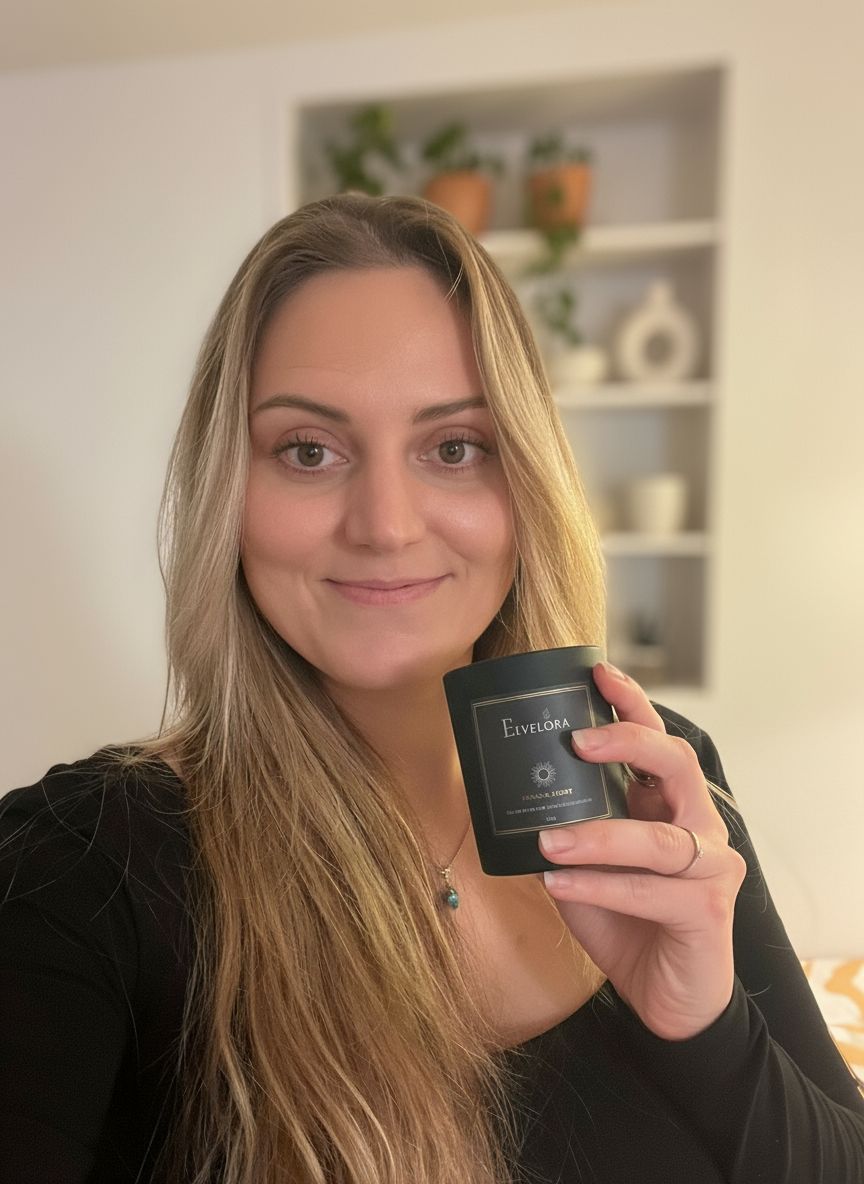 Foto der Gründerin von Elvelora mit einer Duftkerze in der hand
