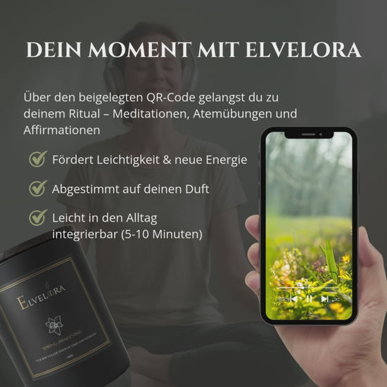 Elvelora Duftkerze mit Smartphone – QR-Code für Meditation, Affirmationen und Selfcare-Rituale, fördert Leichtigkeit und neue Energie.