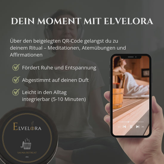 Elvelora Mini-Duftkerze mit Smartphone – QR-Code für Meditation, Affirmationen und Selfcare-Rituale, fördert Ruhe und Entspannung.