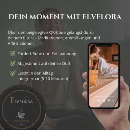 Elvelora Mini-Duftkerze mit Smartphone – QR-Code für Meditation, Affirmationen und Selfcare-Rituale, fördert Ruhe und Entspannung.